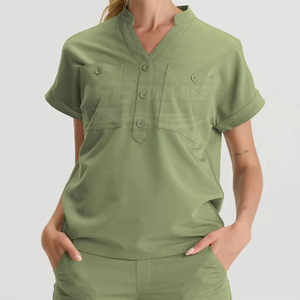 Blusa Médica Verde para Mujer, Manga Corta, Cuello en V, Botones al Frente, Dos Bolsillos, Algodón y Poliéster, Uniforme de Hospital - Product Image 1