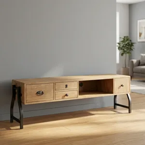Mueble de TV de Madera y Hierro con Cajones, Estante Abierto, Estilo Industrial, Consola Multimedia para Sala de Estar - Product Image 3
