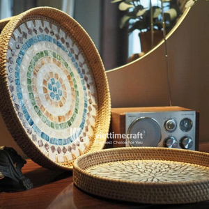 Bandeja con Incrustaciones de Mosaico, Bandeja Redonda de Ratán para Servir con Incrustaciones de Azulejos de Vidrio Concéntricos y Nácar - Product Image 4