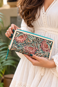 Elegante bolso de mano turquesa para mujer, billetera de cuero occidental de diseñador, funda de teléfono multiusos tallada a mano - Product Image 2