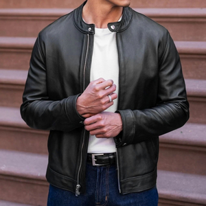 Veste streetwear pour homme en cuir véritable noir, col à boutons pression, fermeture éclair sur le devant, coupe ajustée, minimaliste, haut de gamme, décontractée, personnalisée, vêtement d'extérieur pour l'hiver - Product Image 1