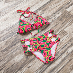 Women's Watermelon Print Bikini Set <b>Crossed</b> Halter <b>Top</b> Hollow Out Hipster Bottom Spandex Polyester Swimwear - Product Image 6
