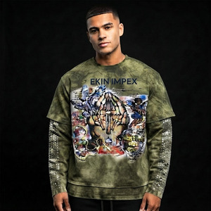 Camiseta Gráfica Personalizada para Hombre, Cuello en V, 100% Algodón, Verde Oliva, Lavado Ácido, con Pedrería, Manga Larga, 2 en 1, Estilo Y2K - Product Image 3