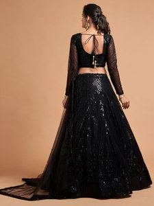 Ensemble Lehenga Choli brodé de sequins noirs, robe trapèze en tulle, col en V, manches longues, longueur ras du sol, tenue de demoiselle d'honneur pour soirée et mariage - Product Image 4