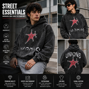 Sudadera con Capucha Negra Oversize para Hombre, de Algodón French Terry, con Estampado Lavado, Logotipo de Estrella, Bolsillo Frontal, Estilo Otoñal, Streetwear - Product Image 2