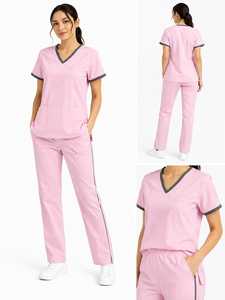 Private Label OEM Women's Hospital Contrast Trim V-Neck <b>Scrub</b> <b>Set</b> Side Stripe Pants Nursing Uniform Wholesale Medical <b>Scrubs</b> - Product Image 2