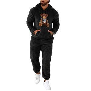 Ensemble de survêtement unisexe marron en polaire respirant et écologique avec applique ours, tenue décontractée à manches longues pour l'hiver - Product Image 2