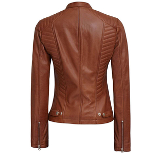 Chaqueta de Cuero Genuino para Mujer, Marrón, Acolchada, Estilo Motero, Corte Ajustado, Informal, Abrigo Exterior, Top Ventas, Moda, Estilo Café Racer - Product Image 4