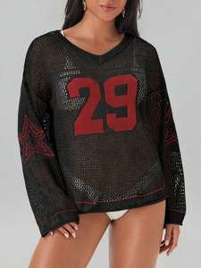 Vente en gros de pulls en jersey tricoté pour femmes, maille ajourée, taille XXL, numéro 29, col en V, transparent, streetwear, maillot de football américain - Product Image 2
