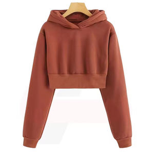 Sudadera Corta con Capucha para Mujer, Color Sólido, Manga Larga, Informal, para Otoño, 100% Algodón Tejido, Transpirable, Corte Corto - Product Image 2