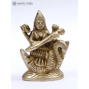 รูปปั้นทองเหลืองสรัสวดีทำด้วยมือขนาดเล็ก2นิ้วสำหรับบ้านและวิหารผลิตในอินเดียและยังเป็นของขวัญอีกด้วย - Product Image 1