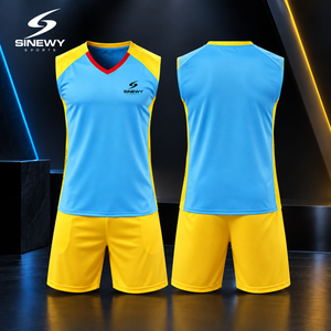 Ensemble de maillots de volley-ball SINEWY bleu et jaune sans manches, col en V, polyester respirant, vêtements unisexes pour adultes - Product Image 1