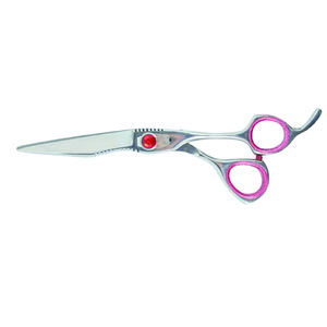 Tijeras de Peluquería de Acero Inoxidable con Acabado Espejo de 5 Pulgadas, con Tornillo de Tensión con Diamantes de Imitación Rojos e Inserciones Rosadas para Mayor Comodidad - Product Image 1