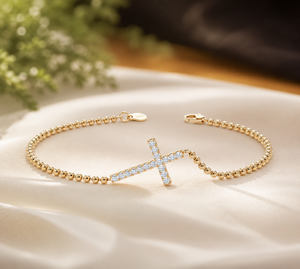 Bracelet en or jaune 18 carats plaqué or, forme ronde brillante, avec croix en diamant, chaîne à maillons en moissanite pour femmes - Product Image 1