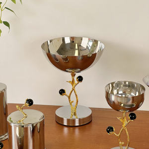 Luxury Silver Pedestal Serving Bowl With Gold Branch Black <b>Crystal</b> Stem Elegant Metal Compote Chalice For Home Decor - Product Image 5