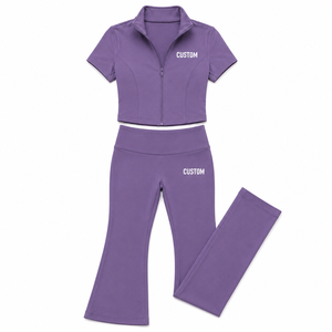 Ensemble de yoga 2 pièces pour femme, séchage rapide, extensible, haut zippé à manches courtes et pantalon évasé taille haute pour la gym, la course et les activités sportives - Fabricant - Product Image 3
