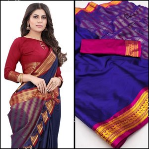 DESIGNER COTON SOIE ZARI TISSANT TRAVAIL SAREE AVEC BLOUSE INCOUSÉE BLEU - Product Image 1