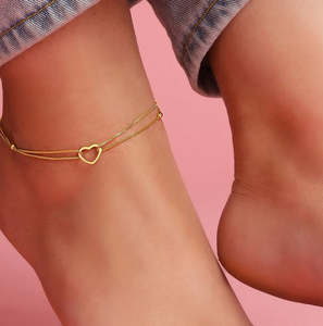 Chevillère en argent sterling 925 plaqué or rose à double chaîne avec cœur, réglable, pour femme, bijou de pied tendance - Product Image 3