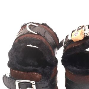 Real Leather Wrist To <b>Thigh</b> Restraints With Metal Hardware Brown Faux Fur Lined - Product Image 3