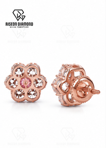 Elegant flower shaped <b>stud</b> earrings pink round center stone surrounded by brilliant lab grown diamonds secure screw back closure - Product Image 2