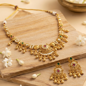 Traditional Antique Finish Gold Brass Artificial Floral Ethnic Necklace Set Matching Drop Earrings for Women Wedding Party - Product Image 3