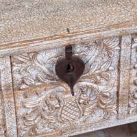 Table basse carrée en bois de manguier massif, style boîte, design vintage, finition craquelée blanche, pour maison, villa, salon.
