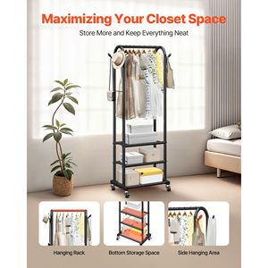 Appendiabiti su Ruote Resistente con Asta Appendiabiti, Ganci Laterali e 3 Ripiani, Capacità di Carico 45 kg, Organizzatore per Vestiti - Product Image 1