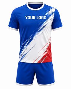 Ensemble de maillots de football pour hommes, bleu, blanc, rouge, sublimé, manches courtes, col rond, polyester respirant, logo personnalisé sur le devant - Product Image 1