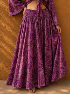Amethyst Boho Two-Piece Silk Woven Skirt Set for Women-<b>Elastic</b> Waist Paisley Print Maxi Skirt Lantern Sleeve Tie Neck Crop Top - Product Image 4