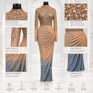 Radiant Champagne Gold to Blue Sequin Evening Gown | <b>High</b> Neck Long Sleeve Bodycon Floor Length <b>Dresses</b> <b>with</b> Draped Ruched <b>Waist</b> - Product Image 5