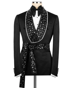Chaqueta de esmoquin negra para hombre con pedrería y cinturón – Blazer de diseñador con solapa tipo chal para bodas y actuaciones - Product Image 4
