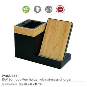 Bamboo Desktop Pen Holder with Wireless Charger Minimalist Office Organizer Rectangle Shape <b>Tabletop</b> Mount <b>Storage</b> Rack - Product Image 3