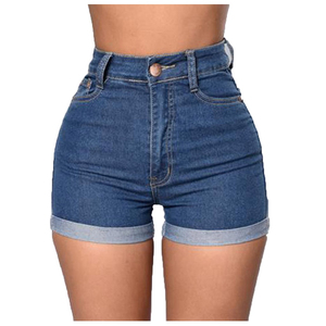 Shorts de mezclilla de cintura alta para mujer, color sólido, con bolsillos, estilo casual, tela transpirable, shorts cortos azules - Product Image 5