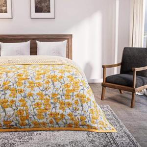 Couverture matelassée 100 % coton biologique, motif floral moderne jaune, ensemble de couette en coton matelassé, pour toutes les saisons, usage domestique, motif jaune et gris - Product Image 1