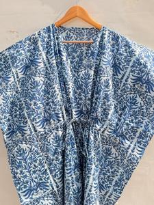 Blue Floral Print <b>Kaftan</b> Dress Women Sleeveless Maxi Loose Fit V-Neck Wrap Tie <b>Summer</b> Casual Woven Cotton Dress - Product Image 2