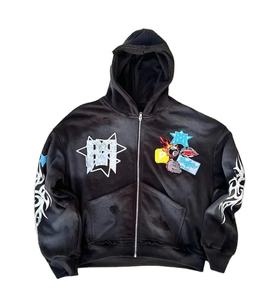 Sudadera con Capucha para Hombre, Estilo Gótico Urbano, Punk, Hip Hop, con Cremallera y Bordados, 500GSM, con Cremallera Completa, Lavado Ácido, Aspecto Desgastado, Venta al Por Mayor - Product Image 5