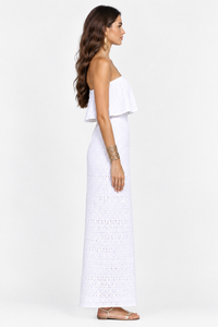 White Eyelet Strapless Two Piece Women <b>Set</b> Ruffle Crop <b>Top</b> <b>and</b> High Waist Maxi <b>Skirt</b> Beach Party Dress - Product Image 2