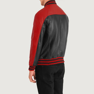 Men Genuine <b>Leather</b> <b>Winter</b> Streetwear Varsity Bomber <b>Jacket</b> Color Block Stand Collar Custom Logo Outerwear - Product Image 3