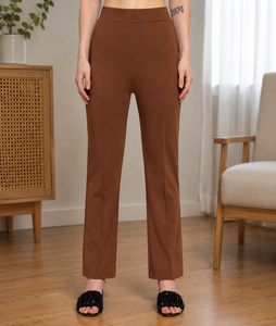 High <b>Waist</b> Straight Leg Ankle-Length Pants Women Solid Color <b>Elastic</b> <b>Waist</b> Knitted Casual Office Wear <b>Trouser</b> - Product Image 4