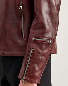 Chaqueta de Motociclista de Cuero Genuino Color Borgoña para Hombre, Cuello Camisero, Cierre de Cremallera, Corte Ajustado, Manga Regular, Color Sólido, Acabado Invernal - Product Image 4