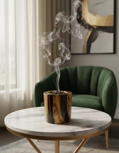 Brûleur d'encens en bois artisanal avec finition en résine à grain de bois naturel et insert en résine, support rond décoratif pour Bakhoor - Product Image 3