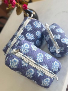 Set Of 3 Corduroy Cosmetic Bags With Blue Floral Pattern Quilted Design For Travel And Makeup <b>Storage</b> - Product Image 2
