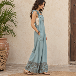 Mono halter bohemio color verde azulado para mujer |   Conjunto de Verano Holgado con Bolsillos Laterales y Patrón Geométrico Bordado - Product Image 1