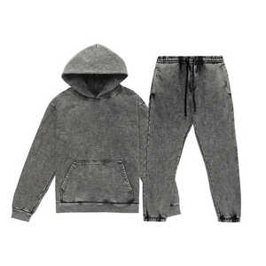 Men's Casual Solid Acid <b>Washed</b> 100% Cotton Eco-Friendly Fleece Lining Tracksuits Sweatpants Hoodie Set - Product Image 1