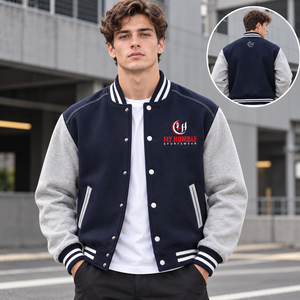 Veste universitaire pour homme Fly Humble, noir et blanc, logo brodé, vêtement décontracté d'automne, coupe classique, col rabattu, polyester et coton - Product Image 3