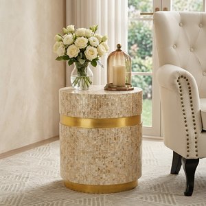 Round Mosaic Mother of Pearl Side Table With Gold Band Contemporary Bedside Decorative Wardrobes End Table For Living Room - Product Image 5