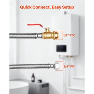 Valvola a sfera 3/4'' FIP x 1/2'' PTC in acciaio inossidabile con connettore a innesto rapido, kit connettore flessibile per scaldabagno per tubi idraulici - Product Image 3