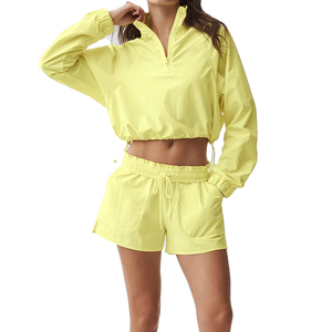 Custom Lightweight Crinkle Nylon Cropped Zip Hoodie Short Set Women 2 piece Set Summer Lounge <b>Wear</b> Casual Tracksuit Premium OEM - Product Image 1