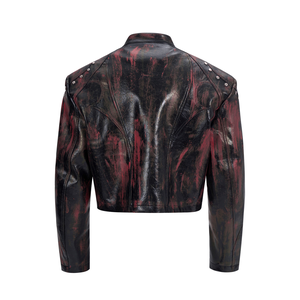 Black <b>Cropped</b> Stand Collar Hand Waxed Biker Leather <b>Jacket</b> Casual Designer Men's <b>Jackets</b> <b>Puffer</b> Winter Leather - Product Image 3