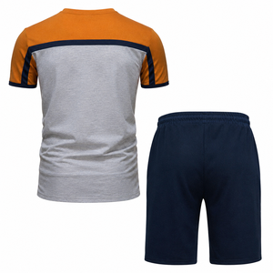 Conjunto de camiseta y pantalones cortos de verano para hombre con bloques de color, cuello redondo, tejido, ropa deportiva informal transpirable, conjunto al por mayor para hombre - Product Image 2